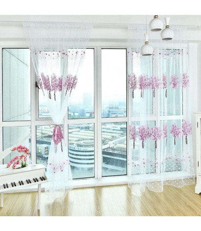 Offset Printing Curtain Living Room Window Tulle Screen Sheer Panel(Purple)