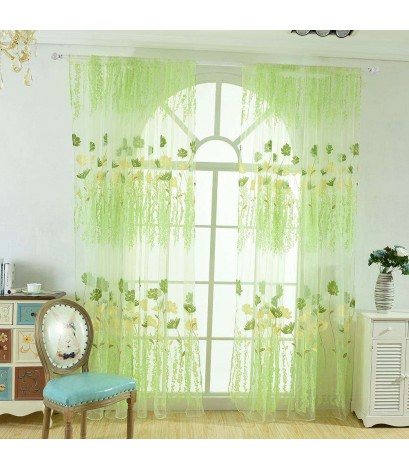 Offset Printing Sheer Curtain Yarn Tulle Window Screen Voile Panel(Green)