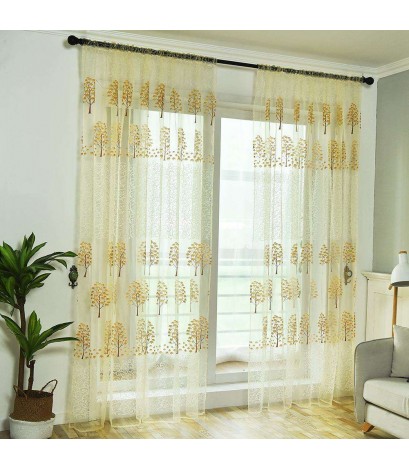 Leaf Tree Printing Tulle Voile Window Curtains Living Room Decor(Yellow)