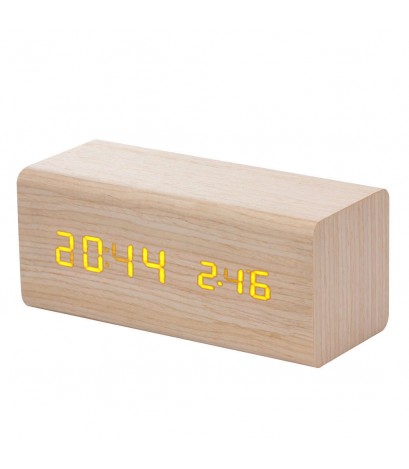 Sound Control Solid Wooden Desk Bedside Digital Alarm Clock Orange Light