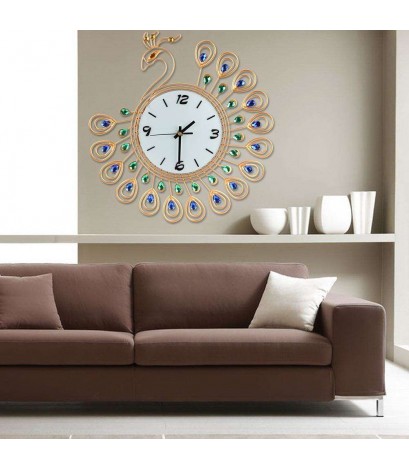 Luxury Diamond Peacock Large Wall Clocks Metal Living Room Wall Decor