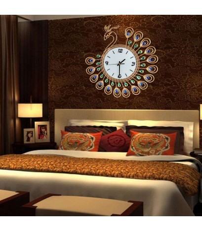 Luxury Diamond Peacock Large Wall Clocks Metal Living Room Wall Decor