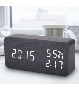 Black  White Voice humidity wooden clock electronic clock LED alarm clock