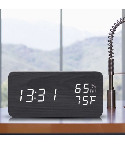 Black  White Voice humidity wooden clock electronic clock LED alarm clock