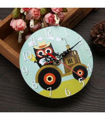 12cm Vintage Colourful Style Round Owl Wood Wall Clock Home Decor