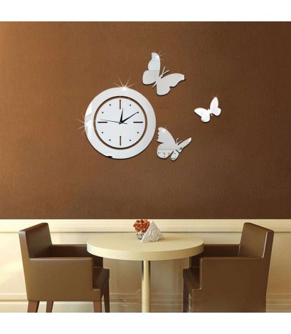 Acrylic Mirror Round Clock Crystal Wall Clock Butterfly Home Decor Sticker