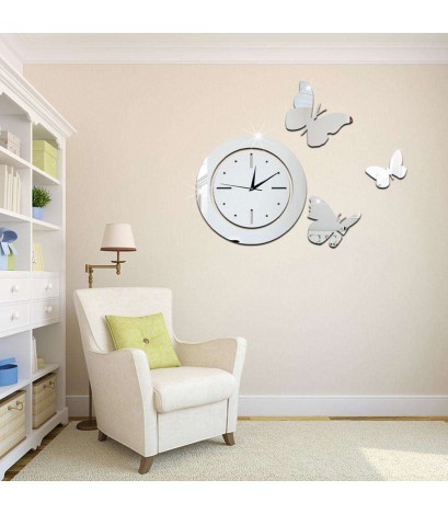 Acrylic Mirror Round Clock Crystal Wall Clock Butterfly Home Decor Sticker