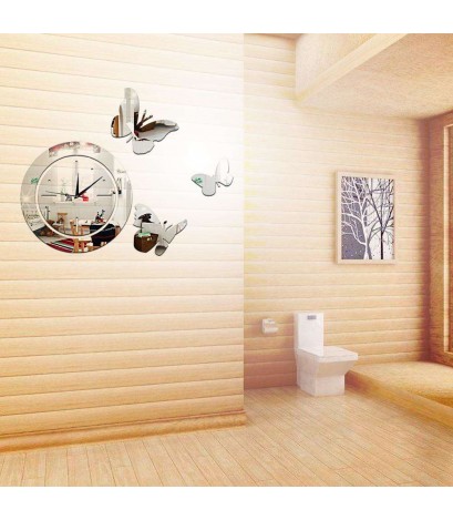 Acrylic Mirror Round Clock Crystal Wall Clock Butterfly Home Decor Sticker