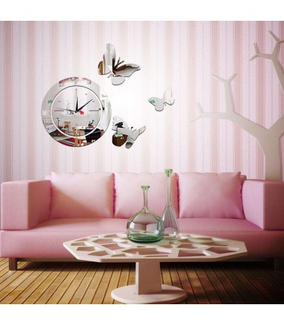 Acrylic Mirror Round Clock Crystal Wall Clock Butterfly Home Decor Sticker