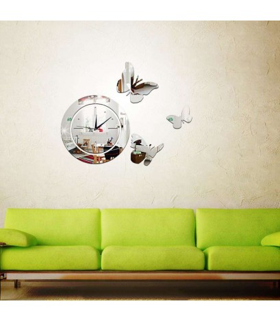 Acrylic Mirror Round Clock Crystal Wall Clock Butterfly Home Decor Sticker