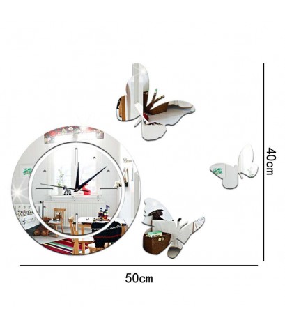 Acrylic Mirror Round Clock Crystal Wall Clock Butterfly Home Decor Sticker