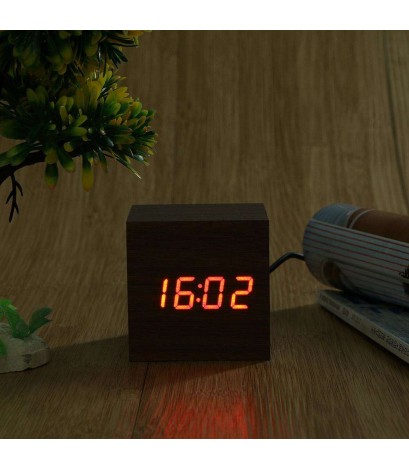 Creative LED Alarm Clock Cube Wooden Voice Control LED Digital Clocks