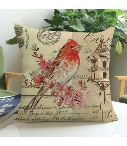 Bird Vintage Cotton Linen Pillow Case Sofa Cushion Cover Home Decor(B)