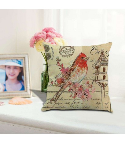 Bird Vintage Cotton Linen Pillow Case Sofa Cushion Cover Home Decor(B)