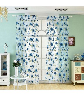 1x2m Flower Printing Curtain Yarn Tulle Sheer Panel Voile Curtain(Blue)