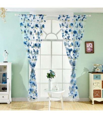 1x2m Flower Printing Curtain Yarn Tulle Sheer Panel Voile Curtain(Blue)