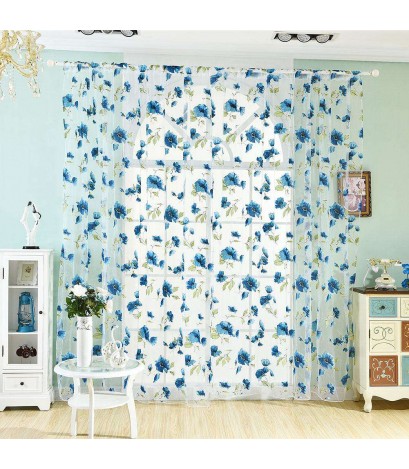 1x2m Flower Printing Curtain Yarn Tulle Sheer Panel Voile Curtain(Blue)