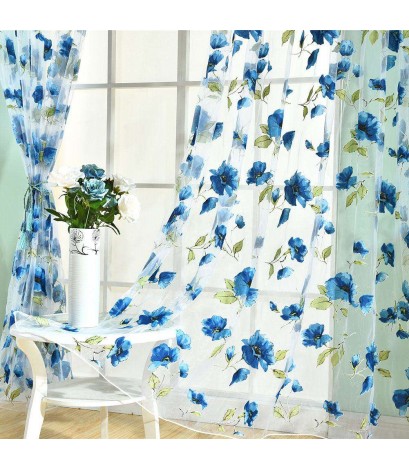 1x2m Flower Printing Curtain Yarn Tulle Sheer Panel Voile Curtain(Blue)