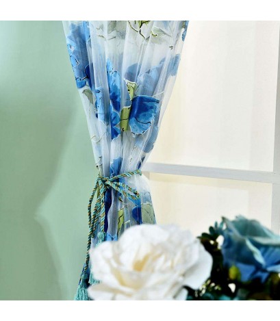 1x2m Flower Printing Curtain Yarn Tulle Sheer Panel Voile Curtain(Blue)