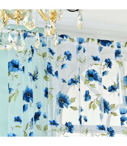 1x2m Flower Printing Curtain Yarn Tulle Sheer Panel Voile Curtain(Blue)