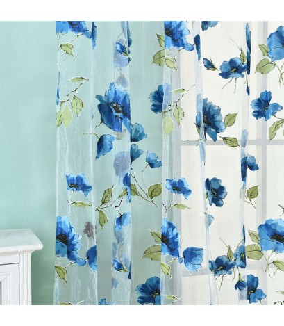 1x2m Flower Printing Curtain Yarn Tulle Sheer Panel Voile Curtain(Blue)