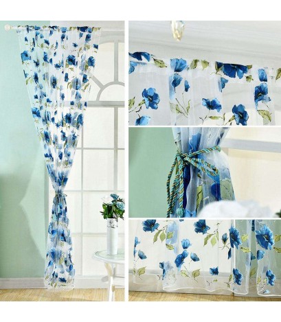 1x2m Flower Printing Curtain Yarn Tulle Sheer Panel Voile Curtain(Blue)