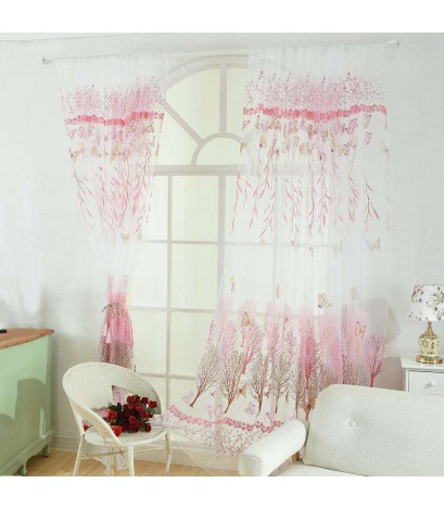 Butterfly Tree Offset Printing Curtain Tulle Sheer Panel Window Screen