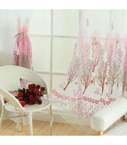 Butterfly Tree Offset Printing Curtain Tulle Sheer Panel Window Screen