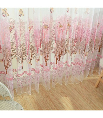 Butterfly Tree Offset Printing Curtain Tulle Sheer Panel Window Screen