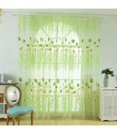 Offset Printing Sheer Curtain Yarn Tulle Window Screen Voile Panel(Green)