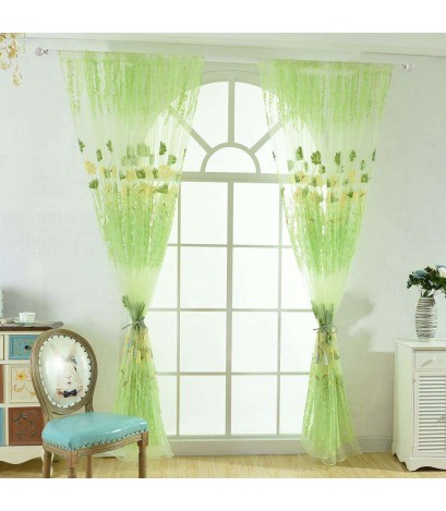 Offset Printing Sheer Curtain Yarn Tulle Window Screen Voile Panel(Green)