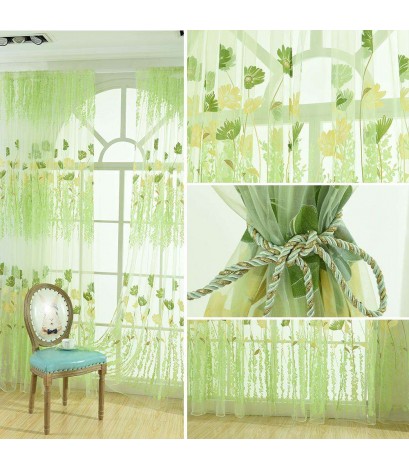 Offset Printing Sheer Curtain Yarn Tulle Window Screen Voile Panel(Green)