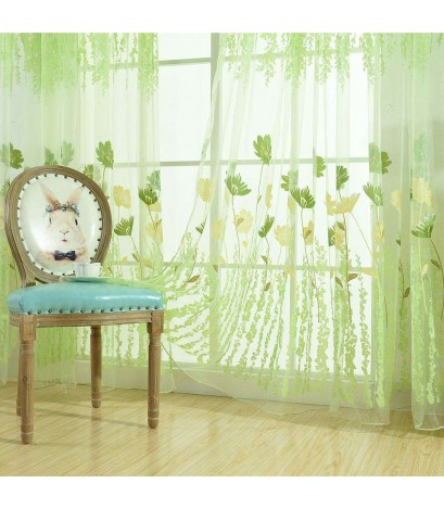 Offset Printing Sheer Curtain Yarn Tulle Window Screen Voile Panel(Green)