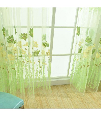 Offset Printing Sheer Curtain Yarn Tulle Window Screen Voile Panel(Green)