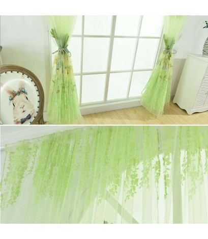 Offset Printing Sheer Curtain Yarn Tulle Window Screen Voile Panel(Green)