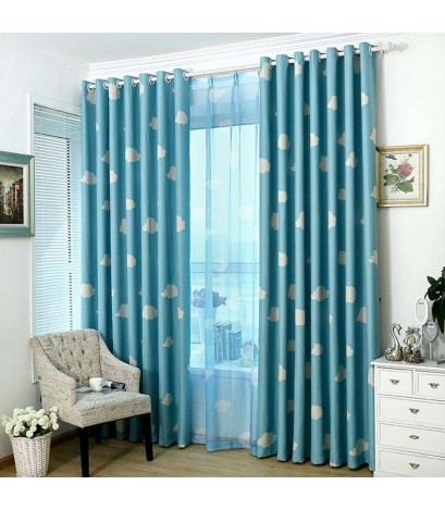 Clouds Printing Blackout Curtain Living Room Window Shading Drapes(Blue)