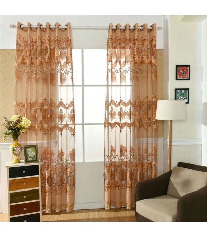 Printing Sheer Curtain Living Room Yarn Panel for Home Tulle Screen(Coffee)