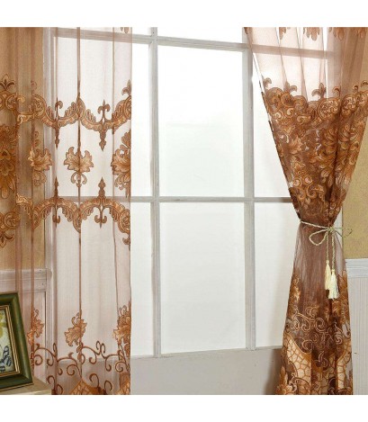 Printing Sheer Curtain Living Room Yarn Panel for Home Tulle Screen(Coffee)