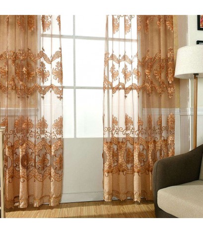 Printing Sheer Curtain Living Room Yarn Panel for Home Tulle Screen(Coffee)