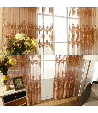 Printing Sheer Curtain Living Room Yarn Panel for Home Tulle Screen(Coffee)