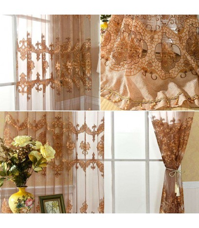 Printing Sheer Curtain Living Room Yarn Panel for Home Tulle Screen(Coffee)