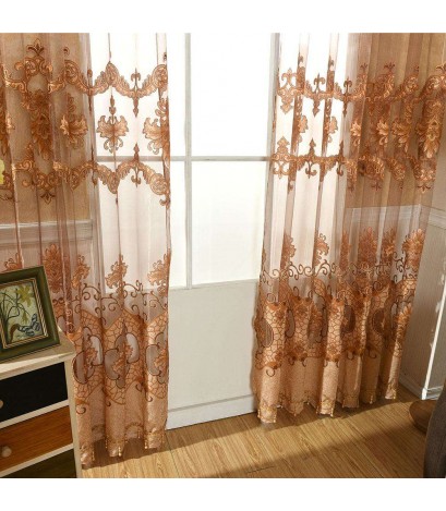 Printing Sheer Curtain Living Room Yarn Panel for Home Tulle Screen(Coffee)