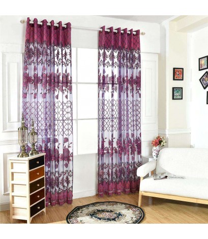 Flower Sheer Curtain Home Yarn Panel for Bedroom Window Tulle(Dark Purple)