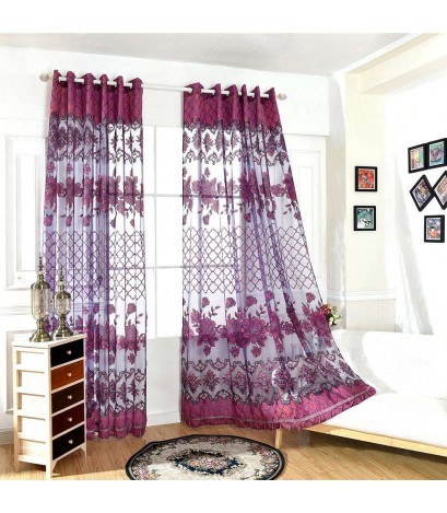 Flower Sheer Curtain Home Yarn Panel for Bedroom Window Tulle(Dark Purple)