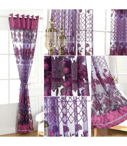 Flower Sheer Curtain Home Yarn Panel for Bedroom Window Tulle(Dark Purple)