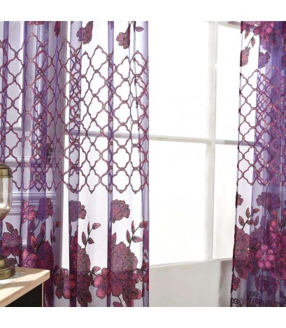 Flower Sheer Curtain Home Yarn Panel for Bedroom Window Tulle(Dark Purple)