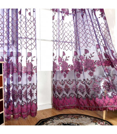 Flower Sheer Curtain Home Yarn Panel for Bedroom Window Tulle(Dark Purple)