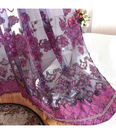 Flower Sheer Curtain Home Yarn Panel for Bedroom Window Tulle(Dark Purple)