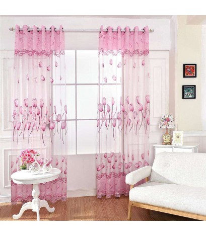 Flower Curtain Yarn Tulle Window Screen Sheer Panel Home Decor(Pink)