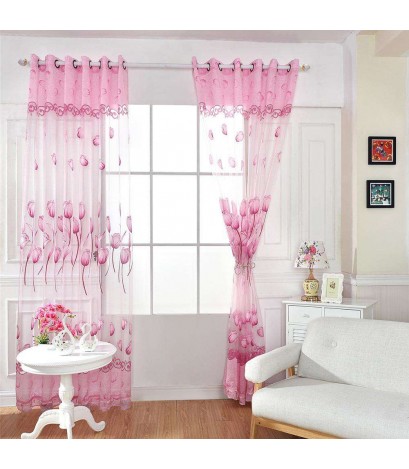 Flower Curtain Yarn Tulle Window Screen Sheer Panel Home Decor(Pink)